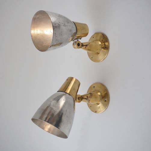 Pair vintage industrial sconces spotlights, brutalist David Marshall style, aluminium & brass, 1970`s ca, Spanish